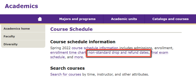 Screenshot of Non-Standard Course Search Link