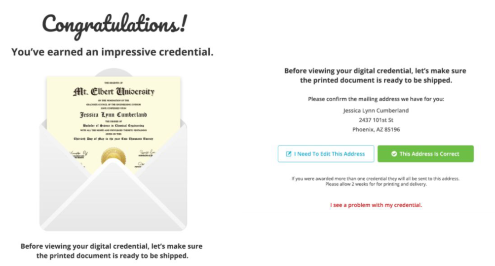 Diploma Mailing Confirmation View