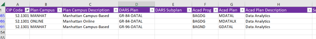 Image of CIP Code View in Excel File