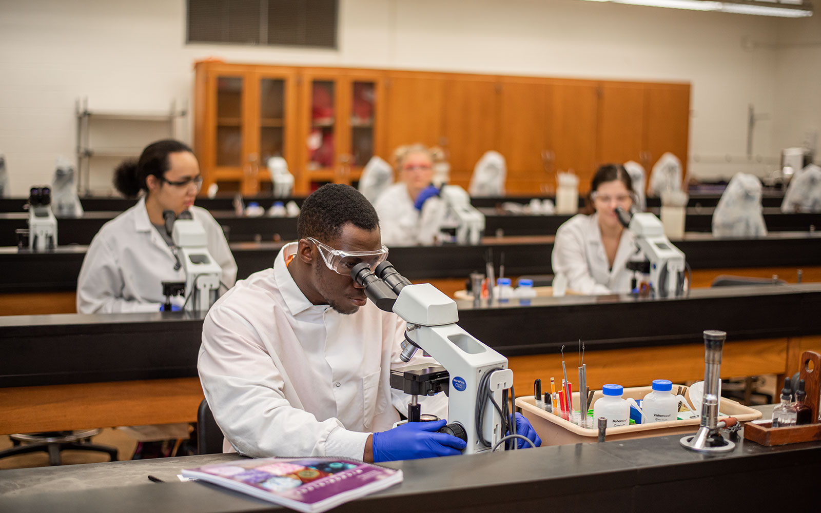 Class of biology students in a lab classroom looking into microscopes.