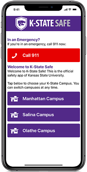 K-State Safe K-State Safe app showing call 911