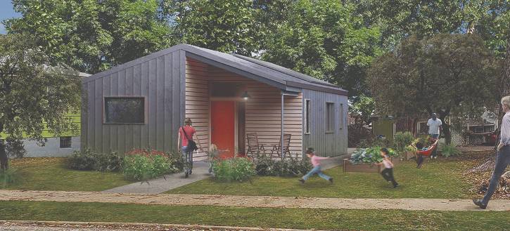 A rendering of the exterior of a Net Positive Studio home.