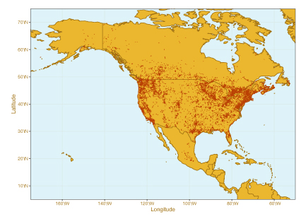This heat map shows the locations from which observations of bumblebees were submitted to citizen science programs. Photos from these observations were used to train the BeeMachine algorithm now being developed at K-State.
