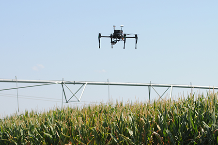 A research drone flies over a field. 