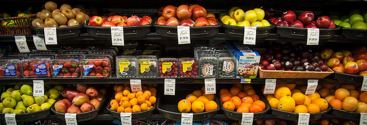 Fruits and vegetables in a grocery store. 