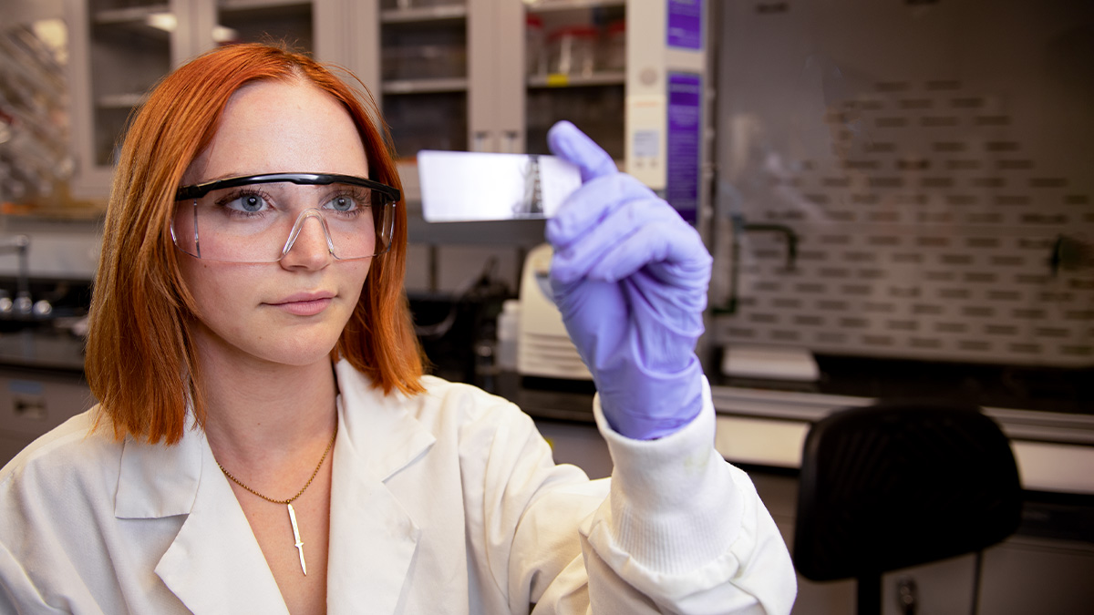 Lexe West holds a research sample in the laboratory. 