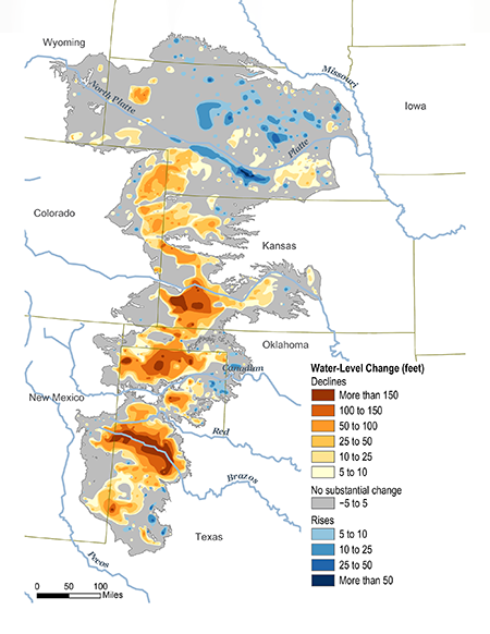 The Ogallala Aquifer stretches 174,000 square miles across parts of eight states, including much of western Kansas, which is an area considered one of the most fertile agricultural regions in the U.S. This map shows the water level changes from before the Ogallala Aquifer was tapped to 2015.