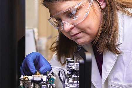 K-State nano-entomologist Amie Norton, left, places a stub containing a red flour beetle treated with micro eggshell particles, shown enlarged at right, into a scanning electron microscope in order to get an image of the particles that are present on the beetle.