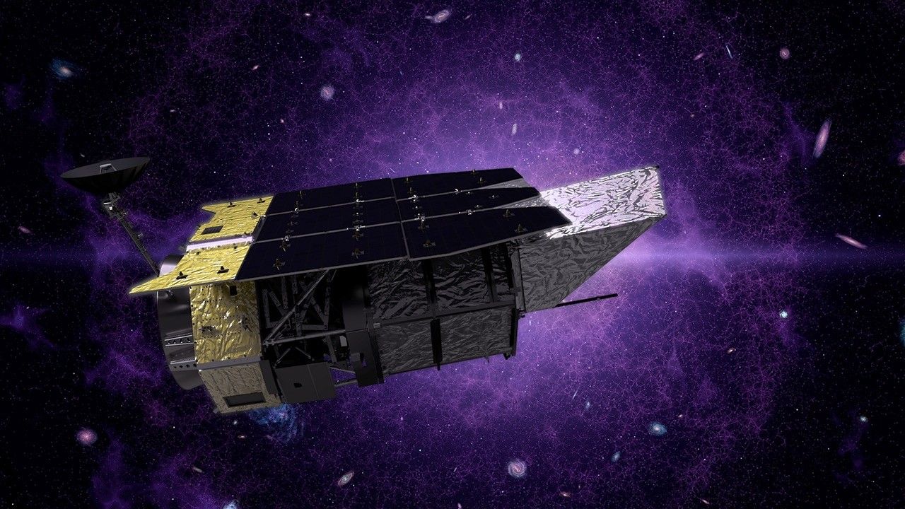 A 3D illustration shows the Nancy Grace Roman Space Telescope traveling through space, with constellations of purple-tinted galaxies and nebula behind it.