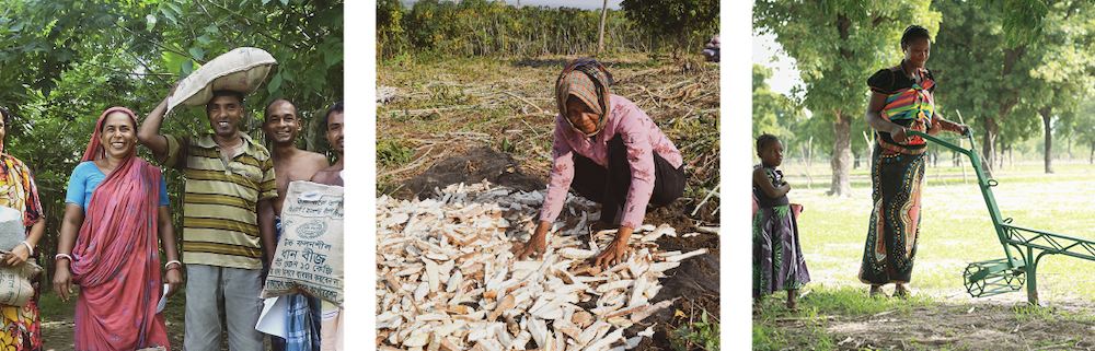 Banner - Bangladesh-Farmers-Smiling, Cambodia-Woman-Sifting, Burkina Faso-women working with child behind