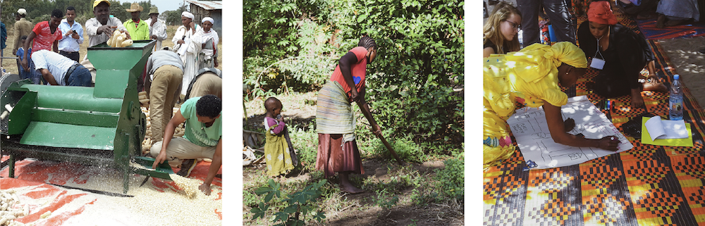 Banner - Ethiopia - farmers working with machines - Tanzania - women working with child behind her - Senegal - women mapping village resources