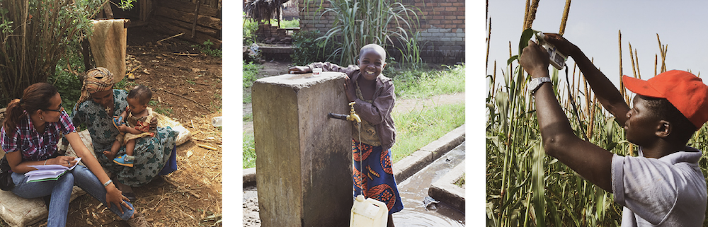 Banner - Ethiopia - Women talking with child - Tanzania - girl smiling at fountain - Senegal - man testing crop 