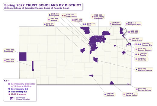 Map of districts where student teachers received TRUST Scholarships