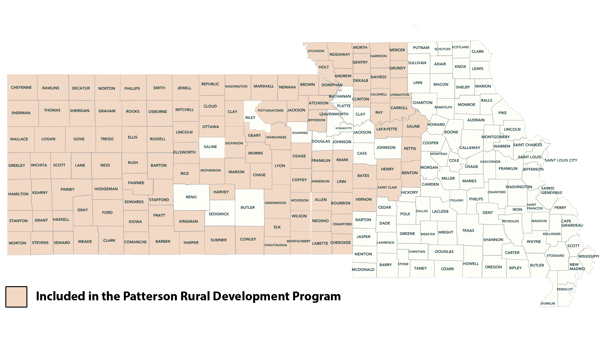 Map of Kansas and Missouri counties highlighting regions served by the Patterson Rural Development Program