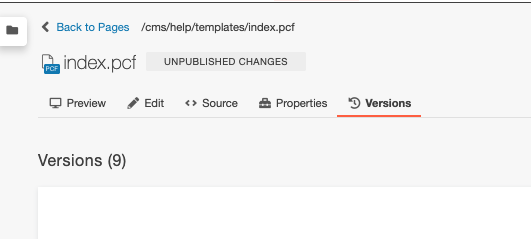 Page versions tab in the CMS