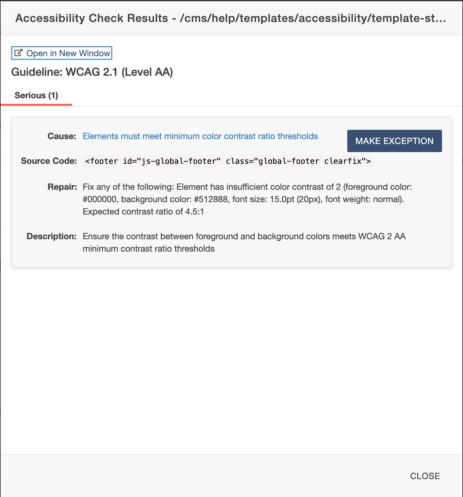 Screen shot of accessibility error for CTA component