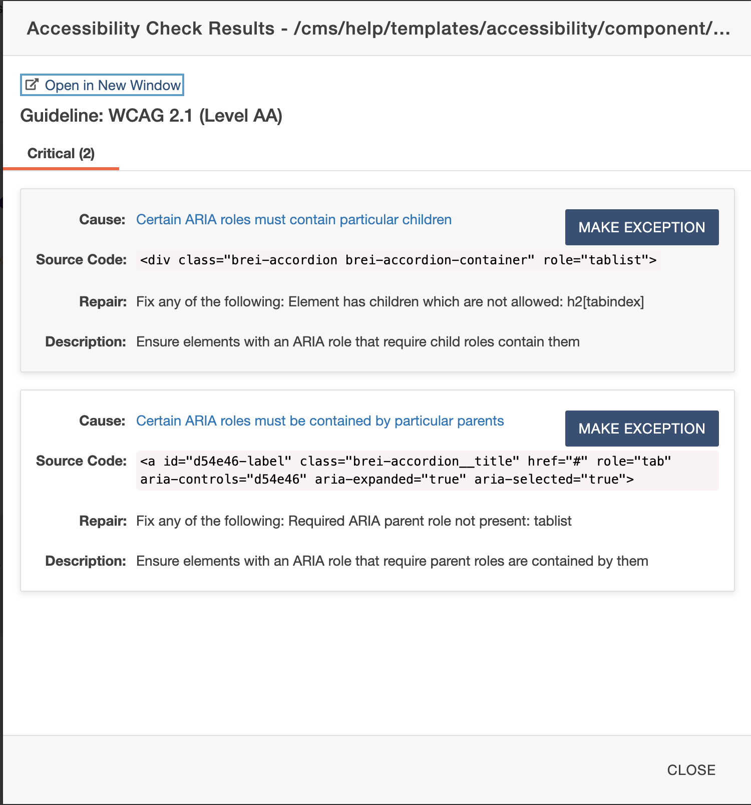 Screenshot of disclosure component accessibility errors