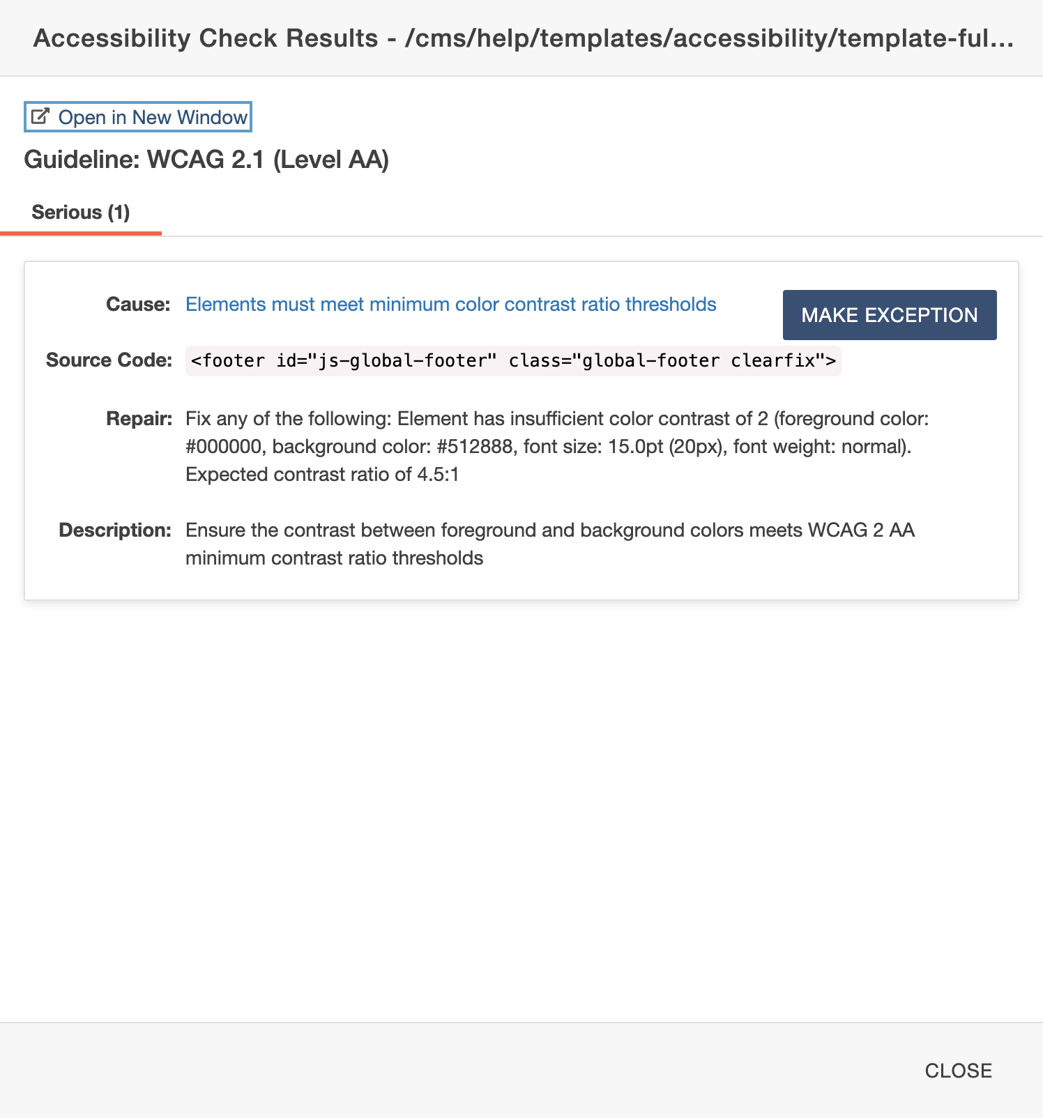 screenshot of full width template plus cta layer error details