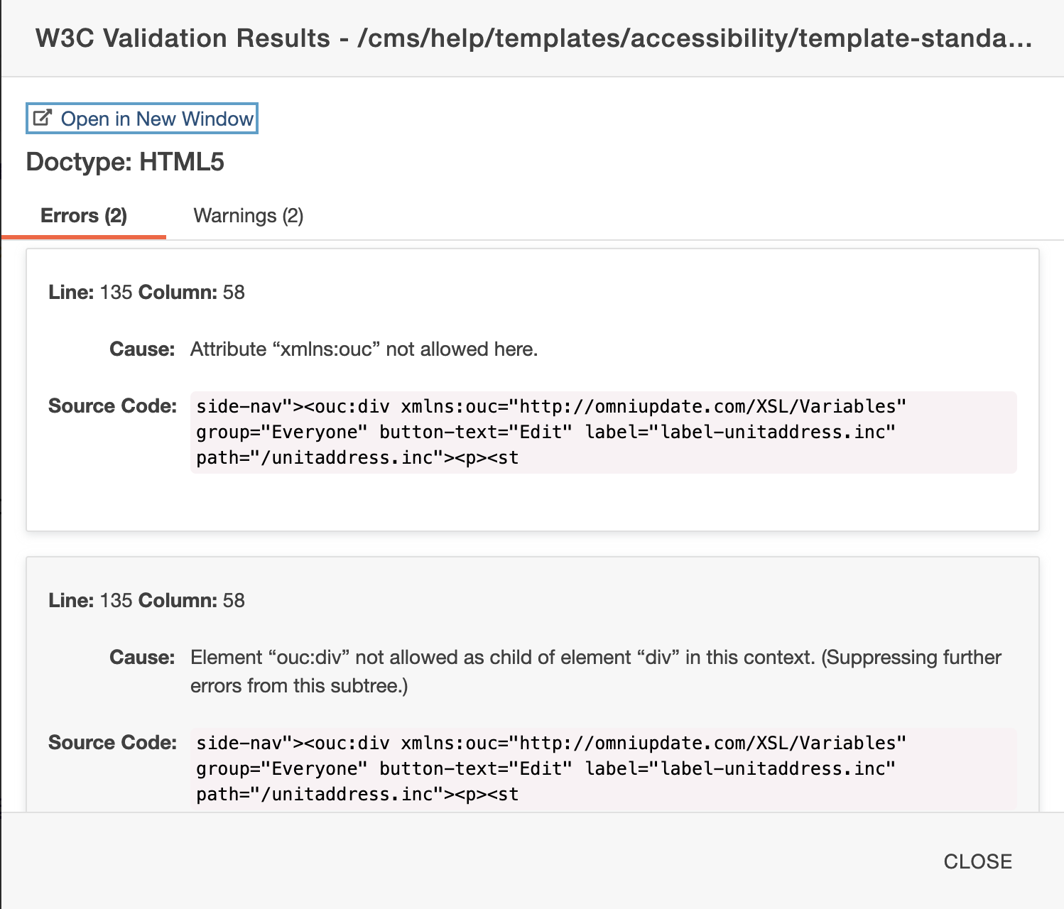 screenshot of W3C check results