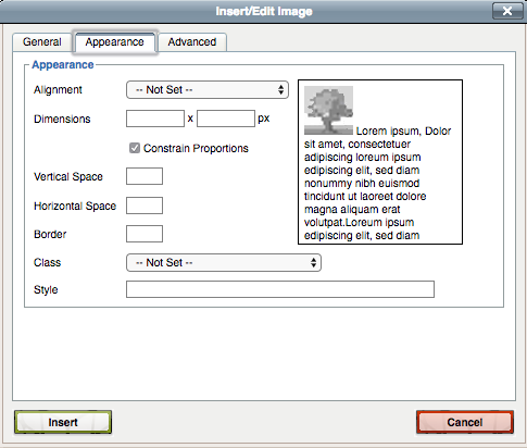 Appearance tab in Insert/Edit Image modal