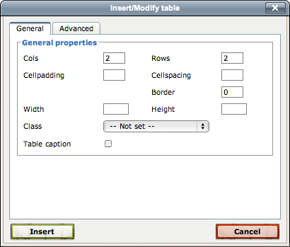 Image of the Insert/edit table options and boxes